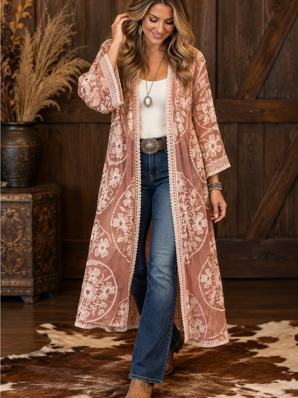 True Bohemian NWT Dusty Rose Embroidered Lace Long Kimono Duster Boho Western